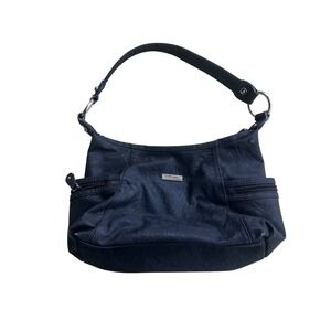 Alfred Dunner Black Faux Leather Hobo Shoulder Bag Multi Pocket Silver Hardware